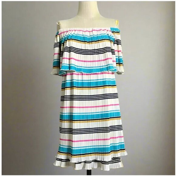 Anthropologie Boho Off the Shoulder Mini Dress XL White Striped A-Line Pleated - Picture 2 of 7